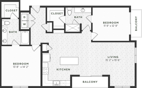 Floor plan for 2 beds, 2 baths, 1335 sqft
